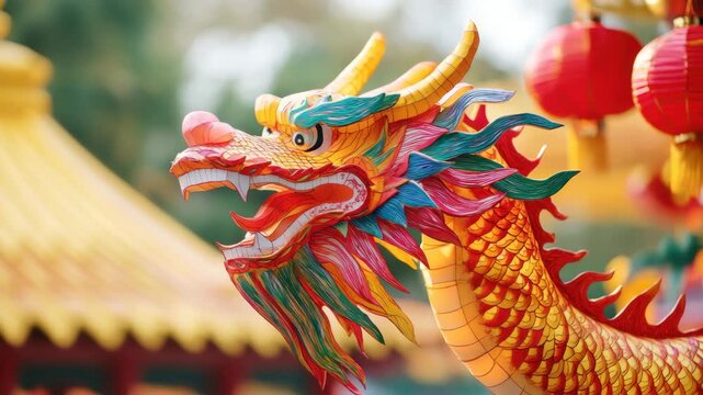 Colorful dragon sculpture traditional Asian art vibrant red and yellow festive decoration cultural symbol outdoor display intricate design joyful atmosphere with red lanterns and traditional