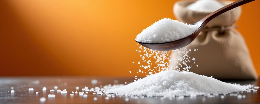 Close-up Side Shot of Sugar with Spoon and Brown Bag Background