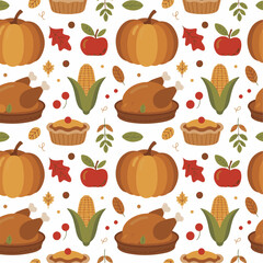 Seamless Thanksgiving Food Pattern with Pumpkins, Turkey, Apple Pie, Corn, Cranberries and Autumn Leaves – Festive Fall Vector Illustration on White Background