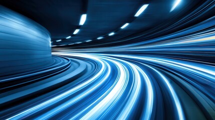 A vibrant blue tunnel image, showcasing dynamic light trails that create a sense of speed and motion, Ideal for themes related to technology, transportation, or energy,