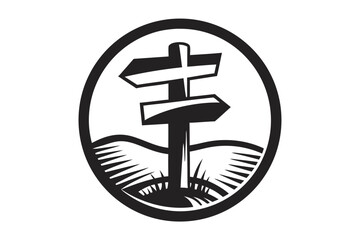 Signpost with directional arrows stands prominently in front of a black and white field logo © Bably