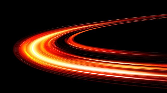 A vibrant display of curved light trails in red and orange against a black backdrop, perfect for abstract art, technology themes, or creative digital designs, It conveys energy and movement,