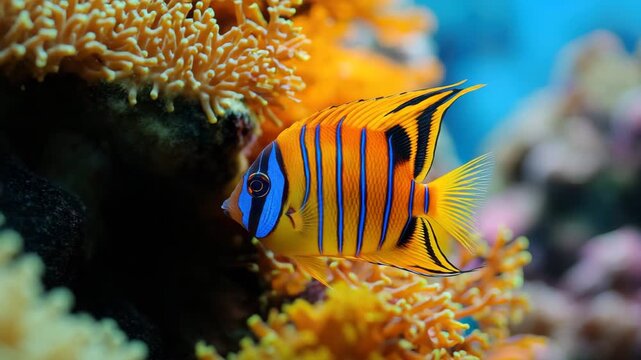 Colorful tropical fish with blue and orange stripes swimming near vibrant coral reef underwater in clear marine environment showcasing bright aquatic life in peaceful reef scene