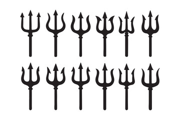 Trident vector icon set. Set of black silhouettes of trident on a white background. Neptune trident. Design element for logo, label, sign, poster. Vector illustration