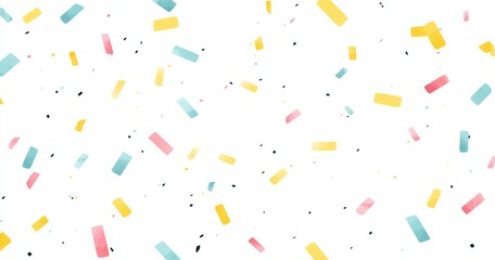 Cheerful confetti fall on white background. Yellow, blue, pink rectangles & tiny black shapes create a festive, airy feeling
