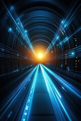 A vibrant tunnel filled with blue and orange light beams leads to a bright horizon, This image can be used for futuristic concepts, technology themes, and innovation-related projects,