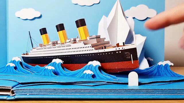 Finger tapping titanic cutout with iceberg in creative popup book animation