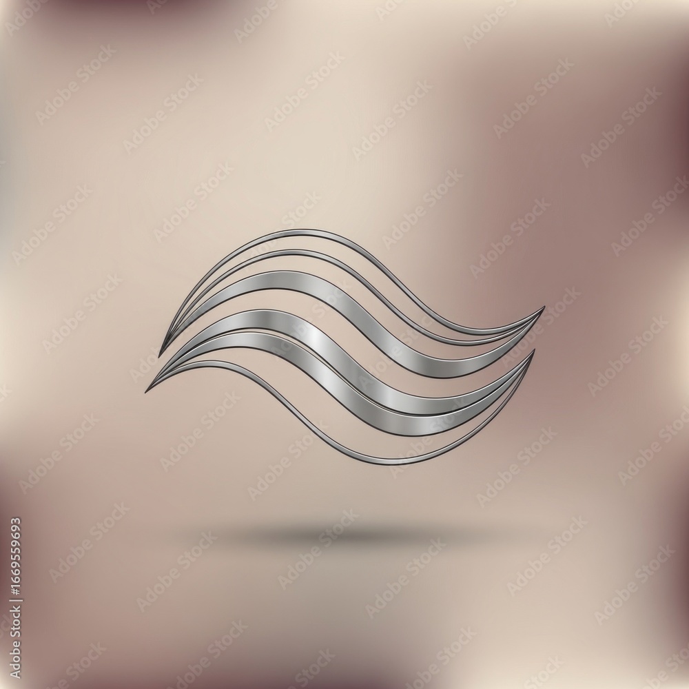 Poster abstract silver metallic waves design element on a blurred light brown and beige background surface 