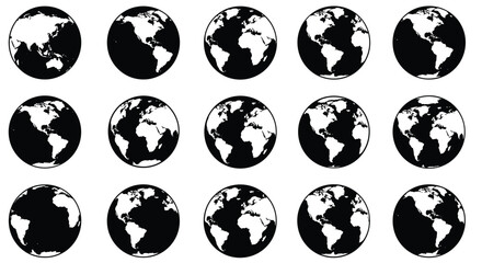 Vector set of black and white Earth globe icons with different continent views on white background
