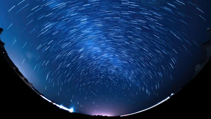 Fotobehang Nachtblauw Universe Star Trails of Polaris North Star Fisheye Panorama in Blue Sky Astrophotography  © lovemushroom