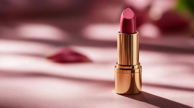 Red lipstick with golden case on pink satin fabric and surface with soft shadows blurred rose petals background creating elegant romantic makeup beauty cosmetic fashion glamour close up