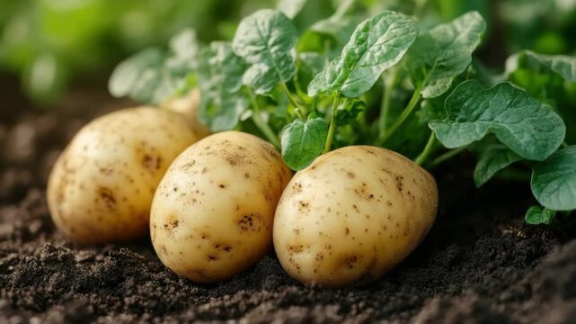 Potato tuber growth in rich soil with green leaf, fresh organic vegetable farming in natural garden environment showcasing healthy agriculture and fresh harvest concept