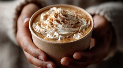 A comforting cup of frothy beverage held in gentle hands embodies warmth and tranquility, perfect for chilly days.