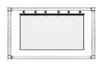 Stage lighting truss with blank projection screen isolated on transparent background