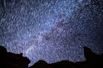 Milky Way Galaxy Star Trails in West Sky at 24mm Over Rock Formation Astrophotography in California...