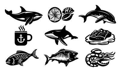 Obraz premium Black and White Illustrations of Marine Life and Seafood Icons