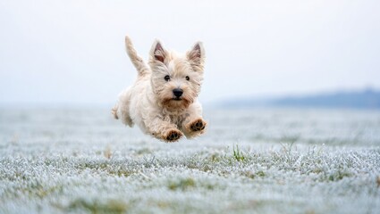 West Highland White Terrier Puppy Jumping in Frosty Field
