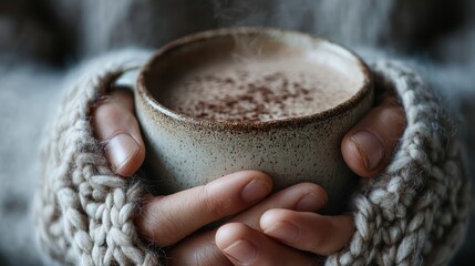 A close-up view of hands holding a steaming cup of hot cocoa, inviting warmth and coziness into chilly days.