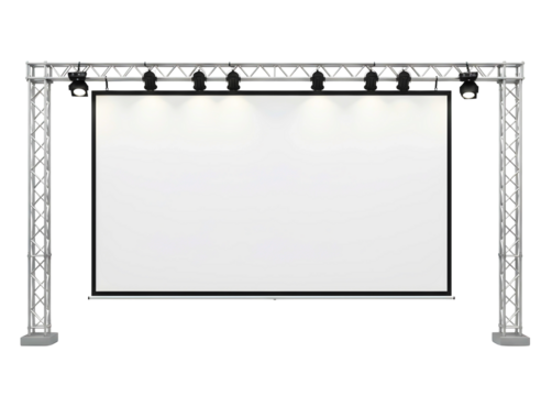 Stage lighting truss with blank projection screen isolated on transparent background