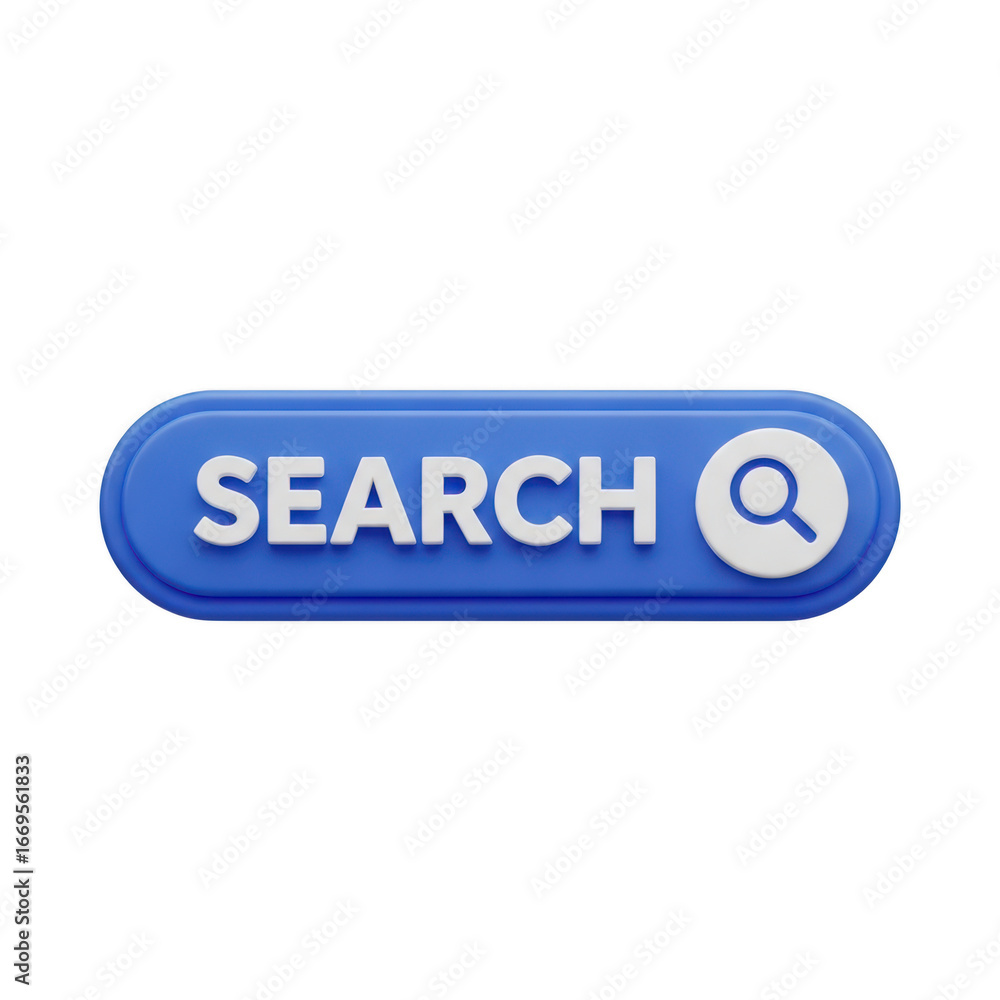 Poster 3d icon of blue search button with magnifying glass icon isolated on transparent background