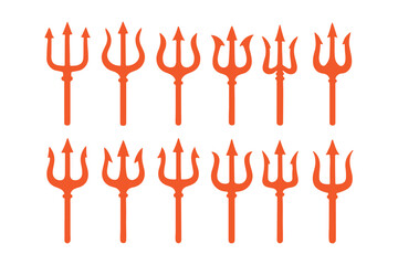 Trident vector icon set. Set of black silhouettes of trident on a white background. Neptune trident. Design element for logo, label, sign, poster. Vector illustration