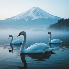 Three swans gracefully swimming on a calm lake with a majestic snow-capped mountain in the background.