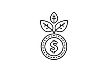 Line Art Dollar Coin with Leaves Symbolizing Financial Growth on White Background