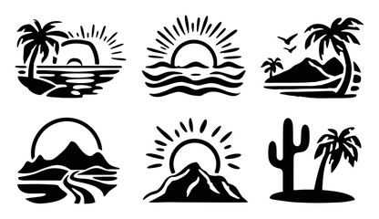 Fototapeta premium Stylish Black and White Illustrations of Nature Scenes with Suns