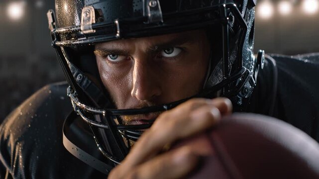 Focused football athlete preparing for offensive play