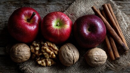 A rich layout of red apples, walnuts, and cinnamon sticks on a burlap background, perfect for autumn-themed decor.