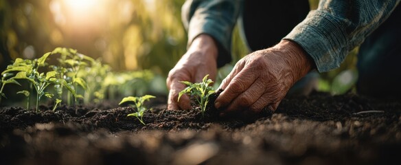 Fototapeta premium The Gardener's Hands Planting Young Seedlings in Sunlit Garden Soil