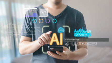 A man holds a smartphone, using his finger to interact with a futuristic AI interface. The display shows code, data charts, and a command prompt to generate content, illustrating modern technology.
