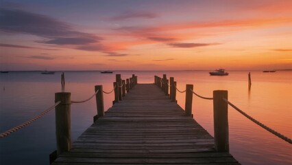 Fototapeta premium Wooden Pier Extending into Calm Waters at Sunset