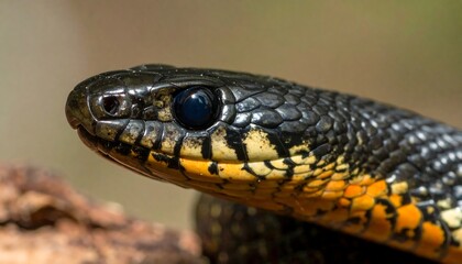 Obraz premium Close-up of a snake's head, showcasing its dark scales and vibrant orange markings
