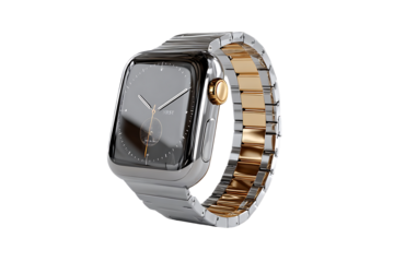 Sleek luxury smartwatch with polished silver and gold metal band, modern tech accessory