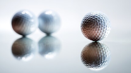 The neatly arranged golf balls on the white surface, the clean reflection and the display of the product style