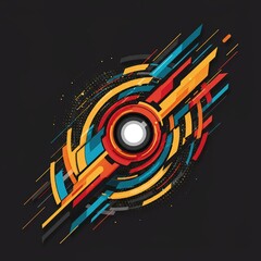 Abstract Futuristic Circular Geometric Design with Red, Yellow, and Blue Elements on Black Background