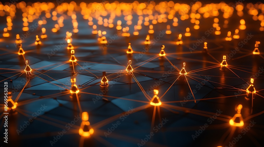 Poster glowing network nodes connected by lines on a dark geometric surface representing a complex system