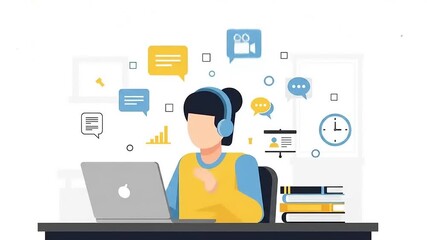 Young professional engaged in online communication while working at a desk with books and digital elements - Powered by Adobe