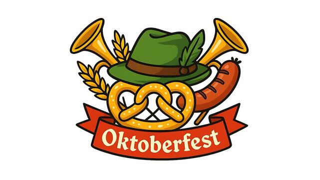 Oktoberfest Celebration Emblem: Pretzel, Sausage, Hat, and Horns