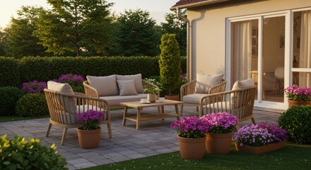 Fototapeta premium Serene Outdoor Patio with Wicker Furniture and Vibrant Pink Flowers at Sunset