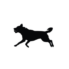 A black silhouette of a dog running on a white background