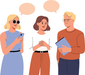 Obraz premium Cartoon Group with Speech Bubbles Blonde Woman with Phone, Brunette, and Blond Man