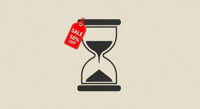 Limited time offer conceptual illustration of an hourglass with a fifty percent off sale tag, symbolizing that time is running out for the discount