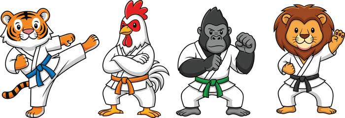 Cartoon animals practicing martial arts in karate uniforms, tiger, chicken, gorilla, lion, colorful belts, isolated on white background © MDALRAFIN
