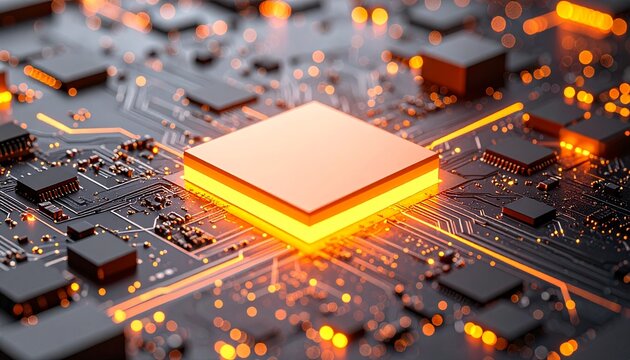 Glowing central processing unit on a dark circuit board Processor Circuit Board, Generated with AI. - Powered by Adobe