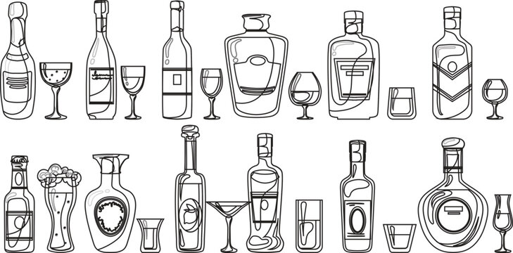 Alcohol cocktail bar doodle set, vector hand drawn beverages party illustration, champagne glasses. Waiter arm with tray, bartender preparing drinks, gin bottle menu line icon.