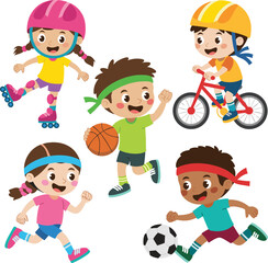 Cartoon Kids Engaging in Different Sports Activities Rollerblading, Basketball, Running, Cycling, and Soccer