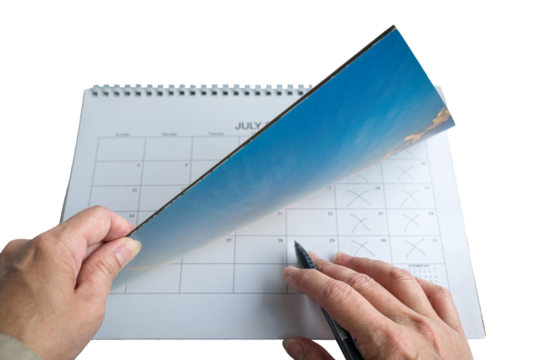 Woman's hand flipping through calendar. Meeting or event planning concept. Isolated on transparent background.