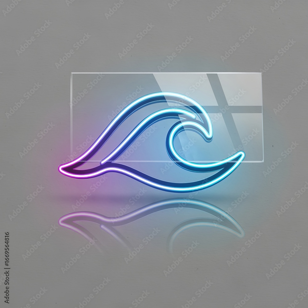 Aufkleber neon wave sign on glass with reflection against a gray background in a studio setting display art